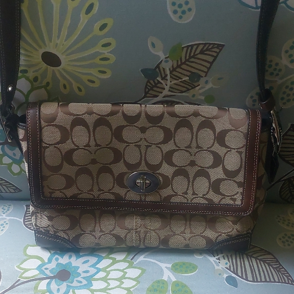 Coach Brown Signature Shoulder Bag with Turnlock Closure